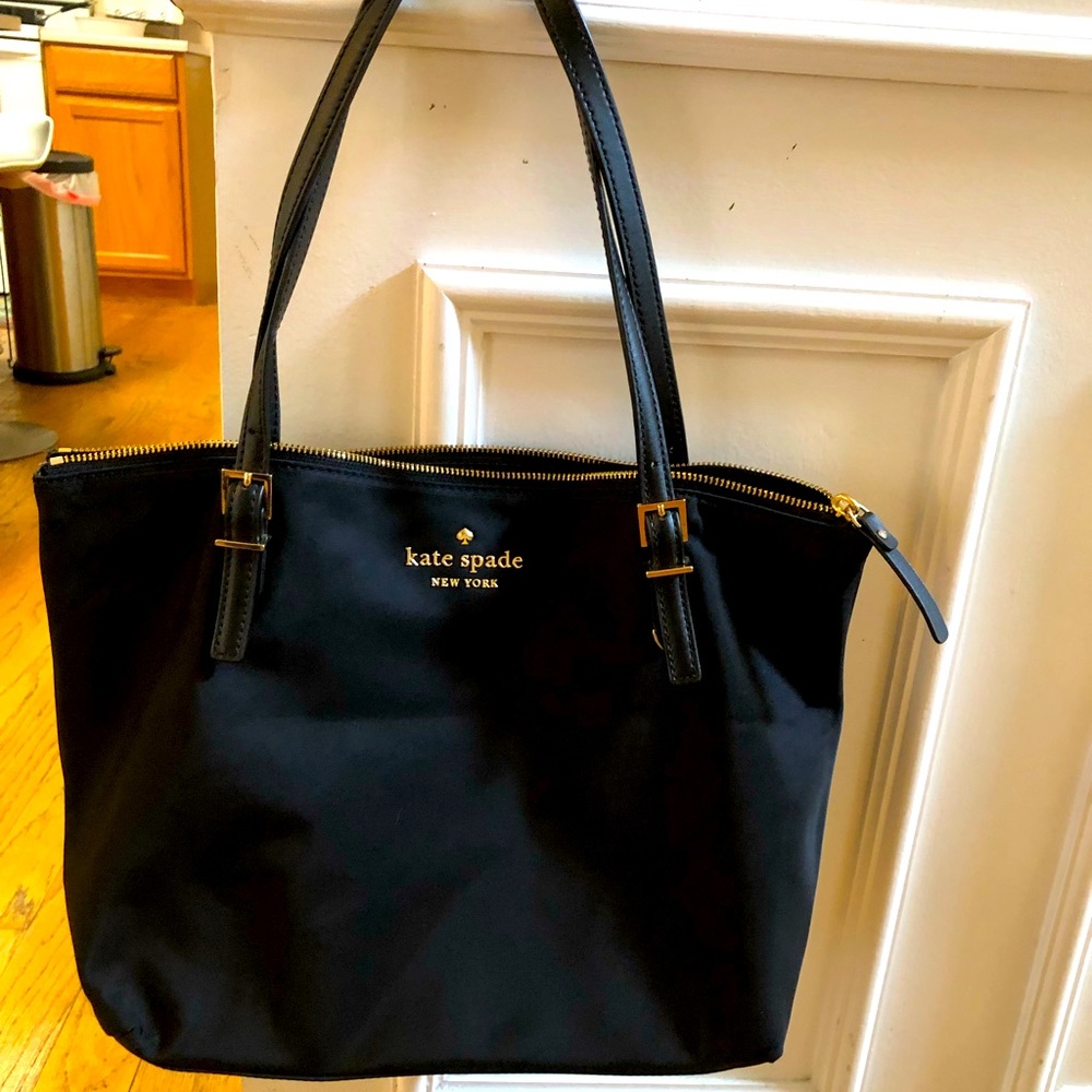 Kate Spade Black Nylon Tote With Leather Strap, Gold Hardware.